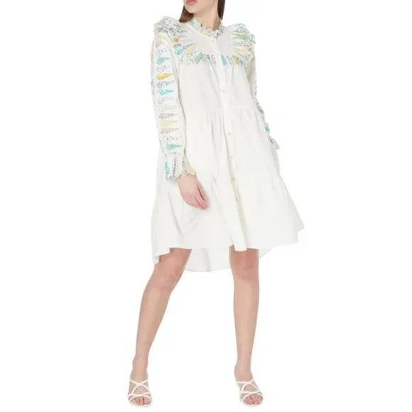 Sea NY Linden Patchwork Dress Womens XS Cream Blue Long Sleeve Ruffle Cotton - Picture 1 of 13